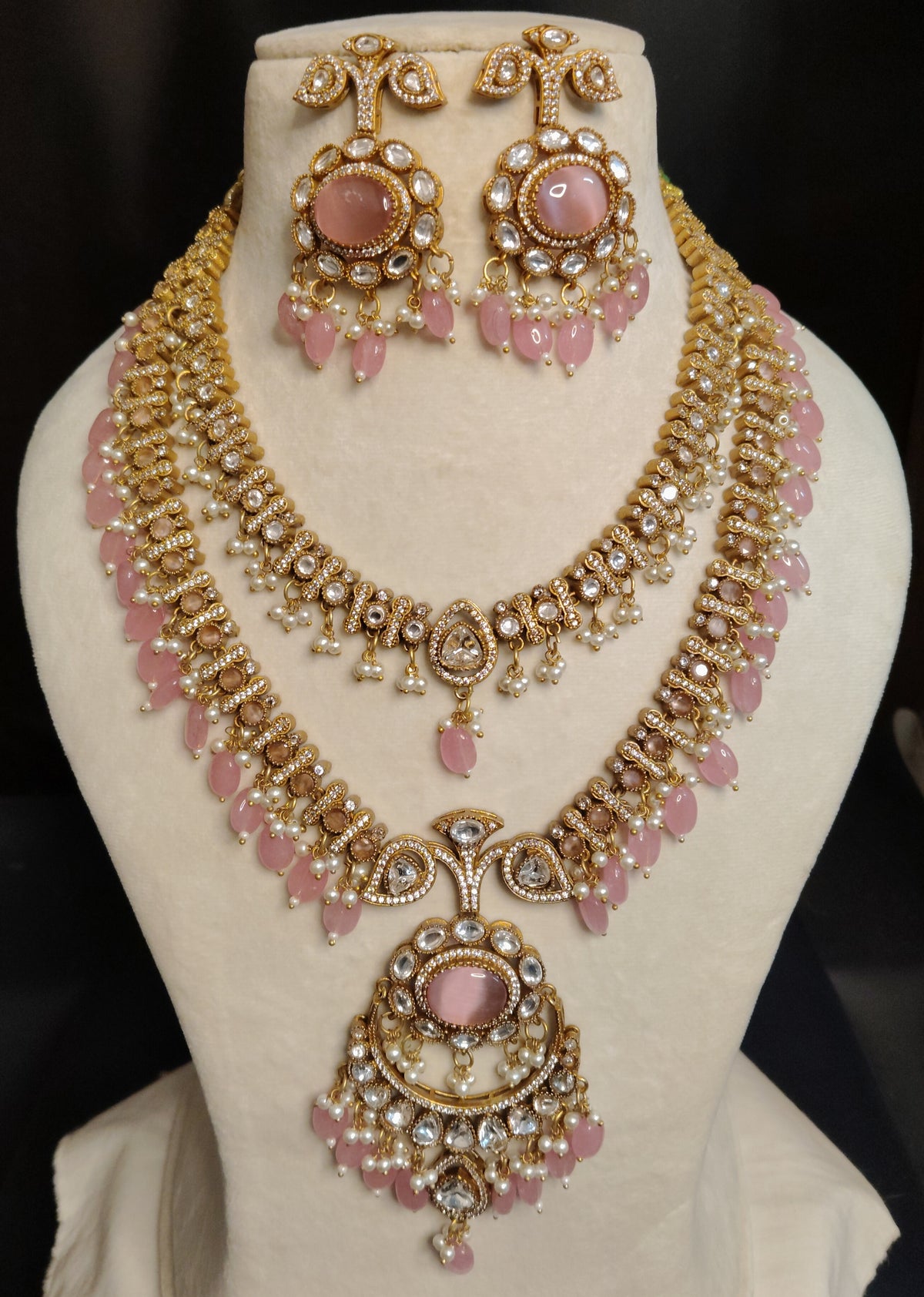 Indian Bridal Blush Pink Moissanite Necklace Set Traditional Wedding Earrings Roz Jewellers