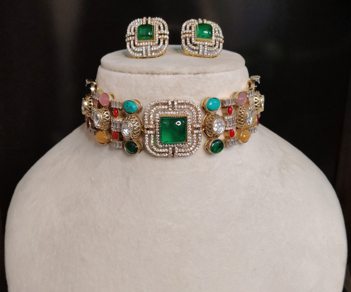 Emerald Green Indian Bridal Moissanite Choker Necklace Luxury Wedding Women Roz Jewellers