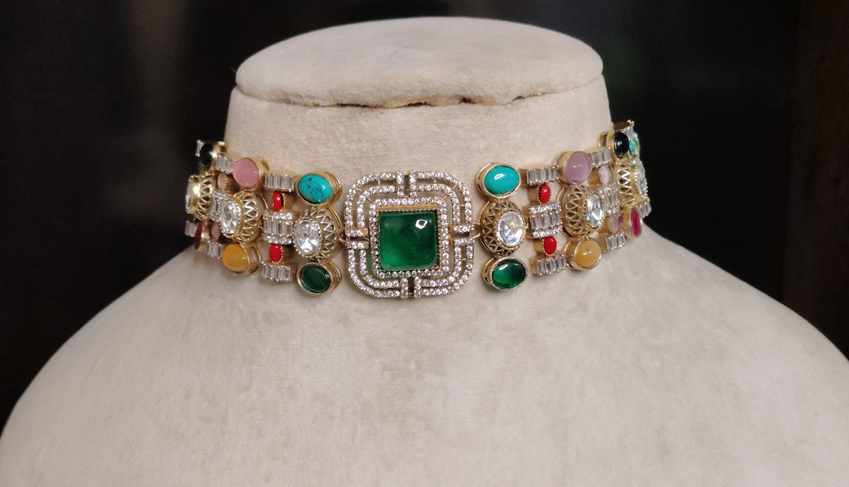 Emerald Green Indian Bridal Moissanite Choker Necklace Luxury Wedding Women Roz Jewellers