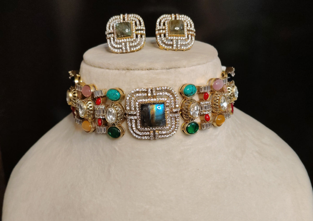 Luxury Moissanite Choker Necklace Bridal Wedding Indian Pakistani Jewelry Set Roz Jewellers