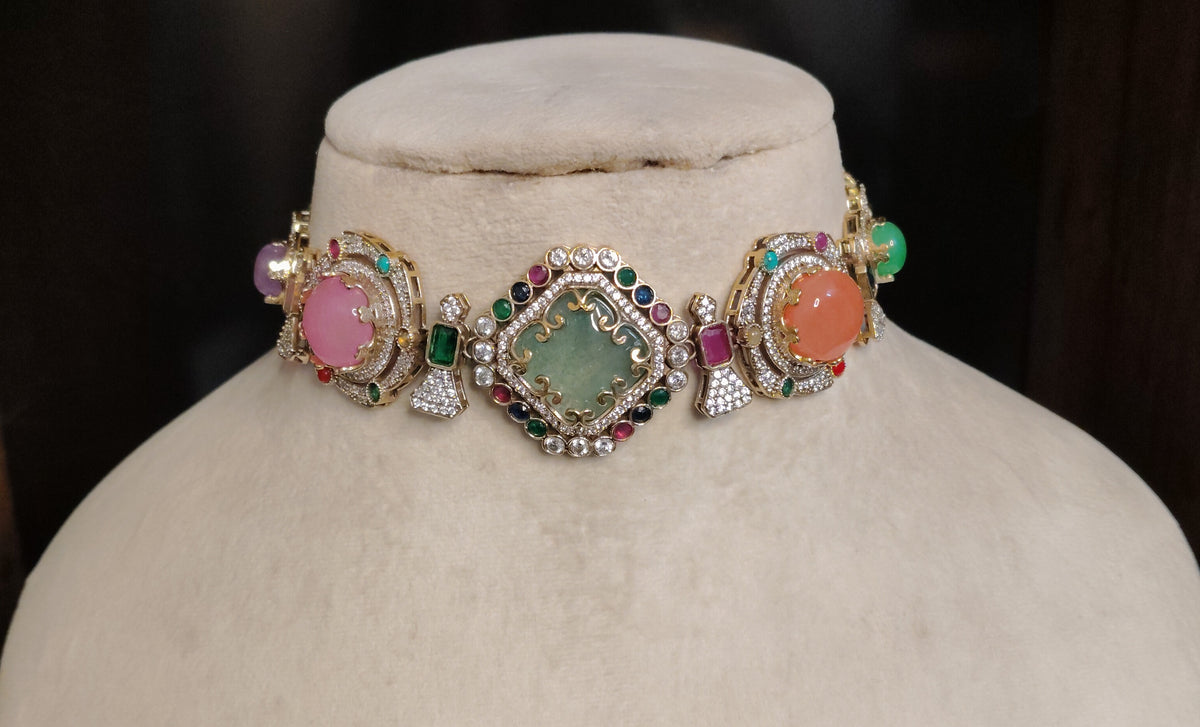 Mint Green Moissanite Bridal Choker Necklace Set Wedding Reception Jewellery Roz Jewellers