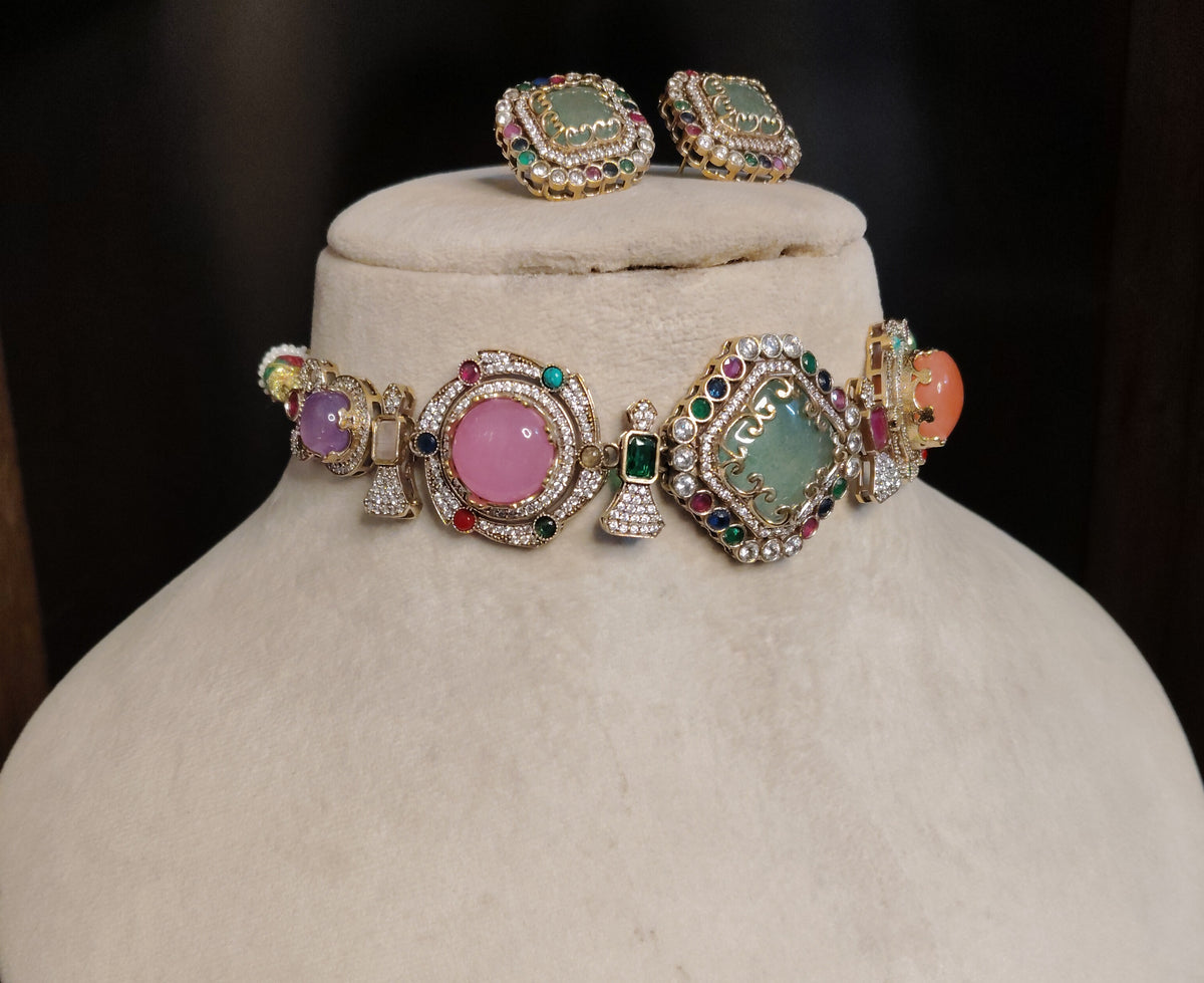 Mint Green Moissanite Bridal Choker Necklace Set Wedding Reception Jewellery Roz Jewellers