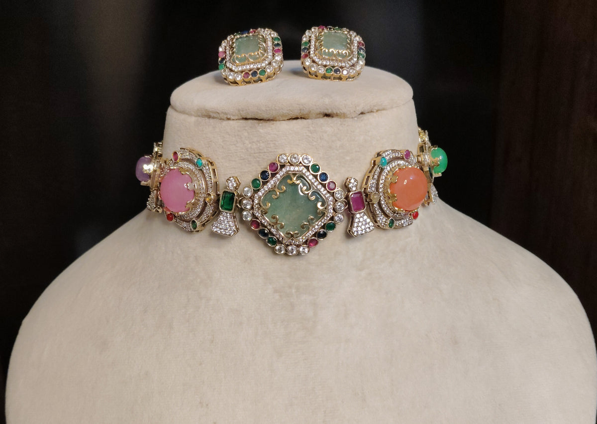 Mint Green Moissanite Bridal Choker Necklace Set Wedding Reception Jewellery Roz Jewellers