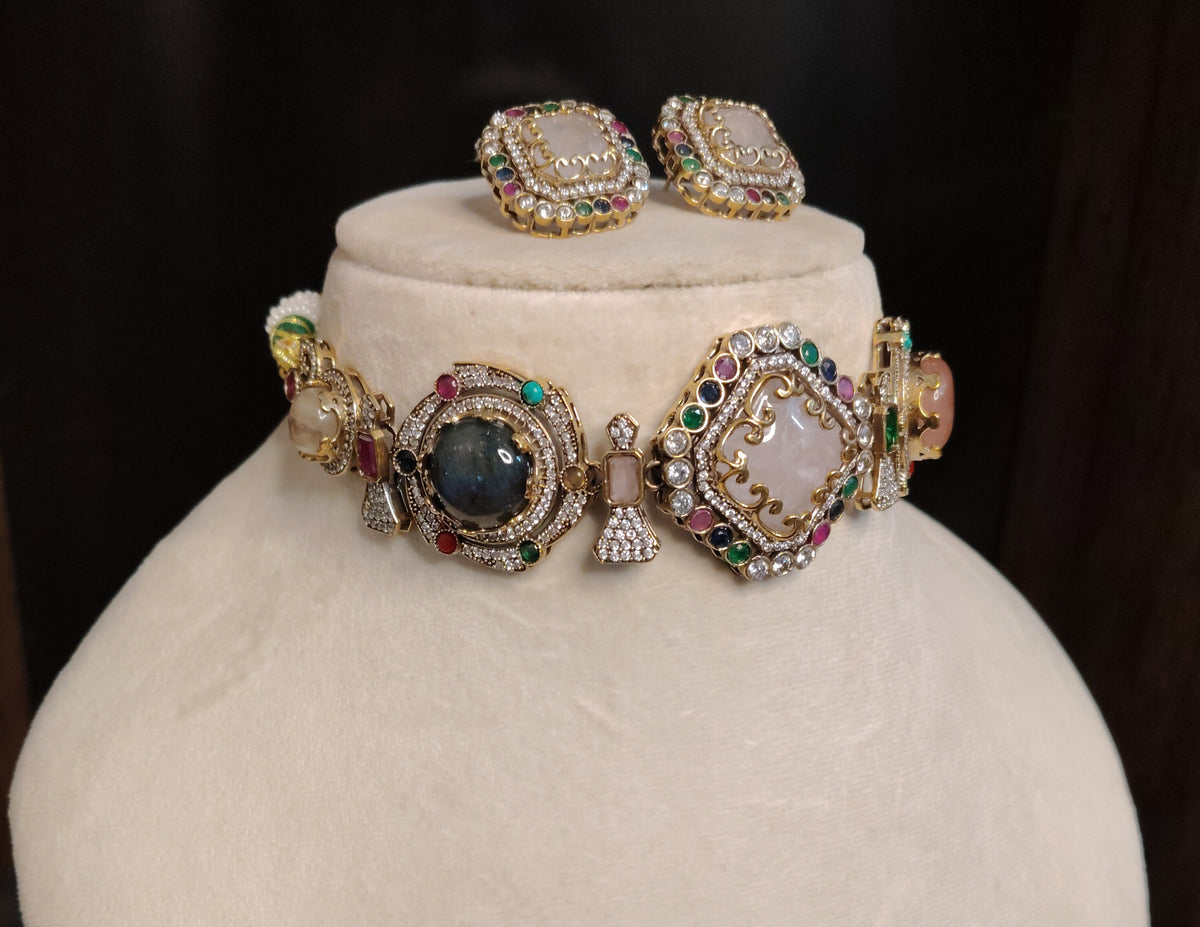 Gray Moissanite Necklace Set for Women Wedding Bridal Party Wear Jewellery Roz Jewellers