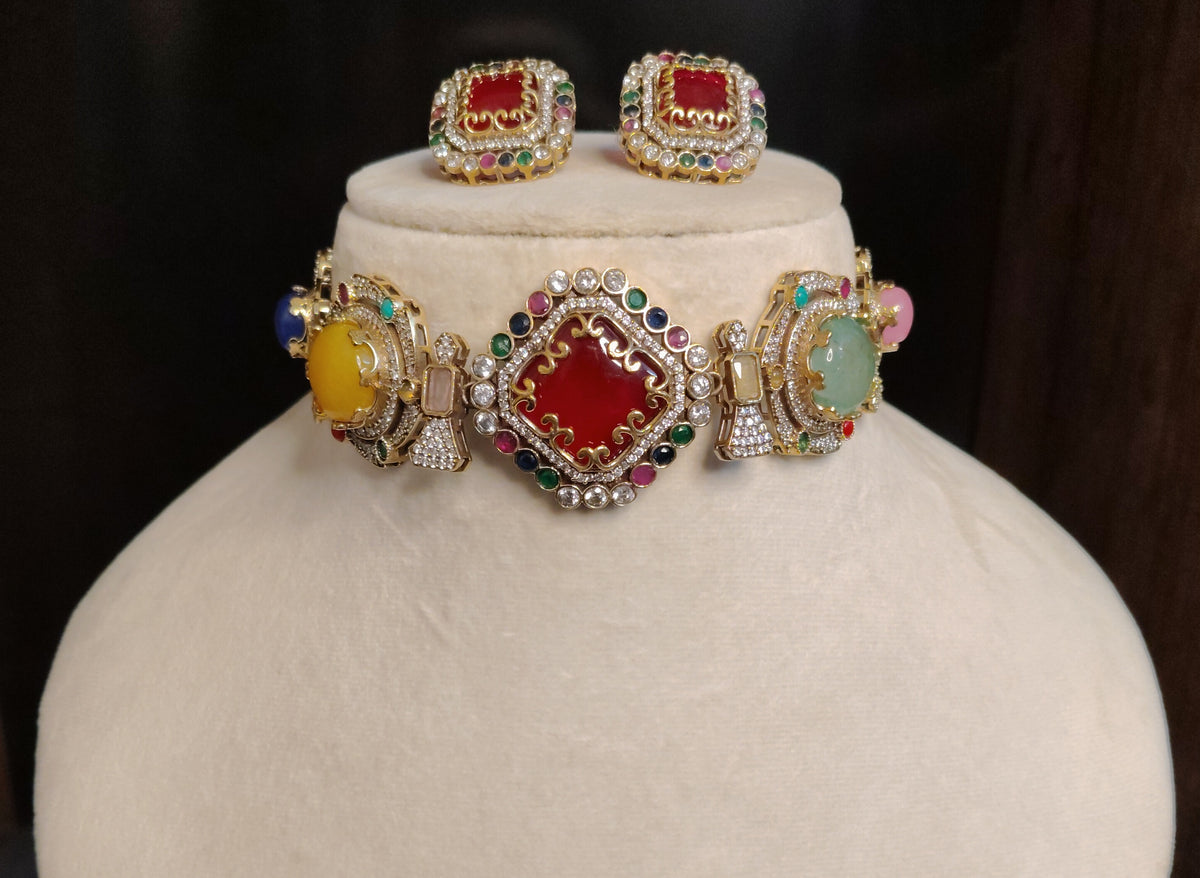 Ruby Designer Moissanite Choker Necklace with Earrings for Women party Jewelery Roz Jewellers