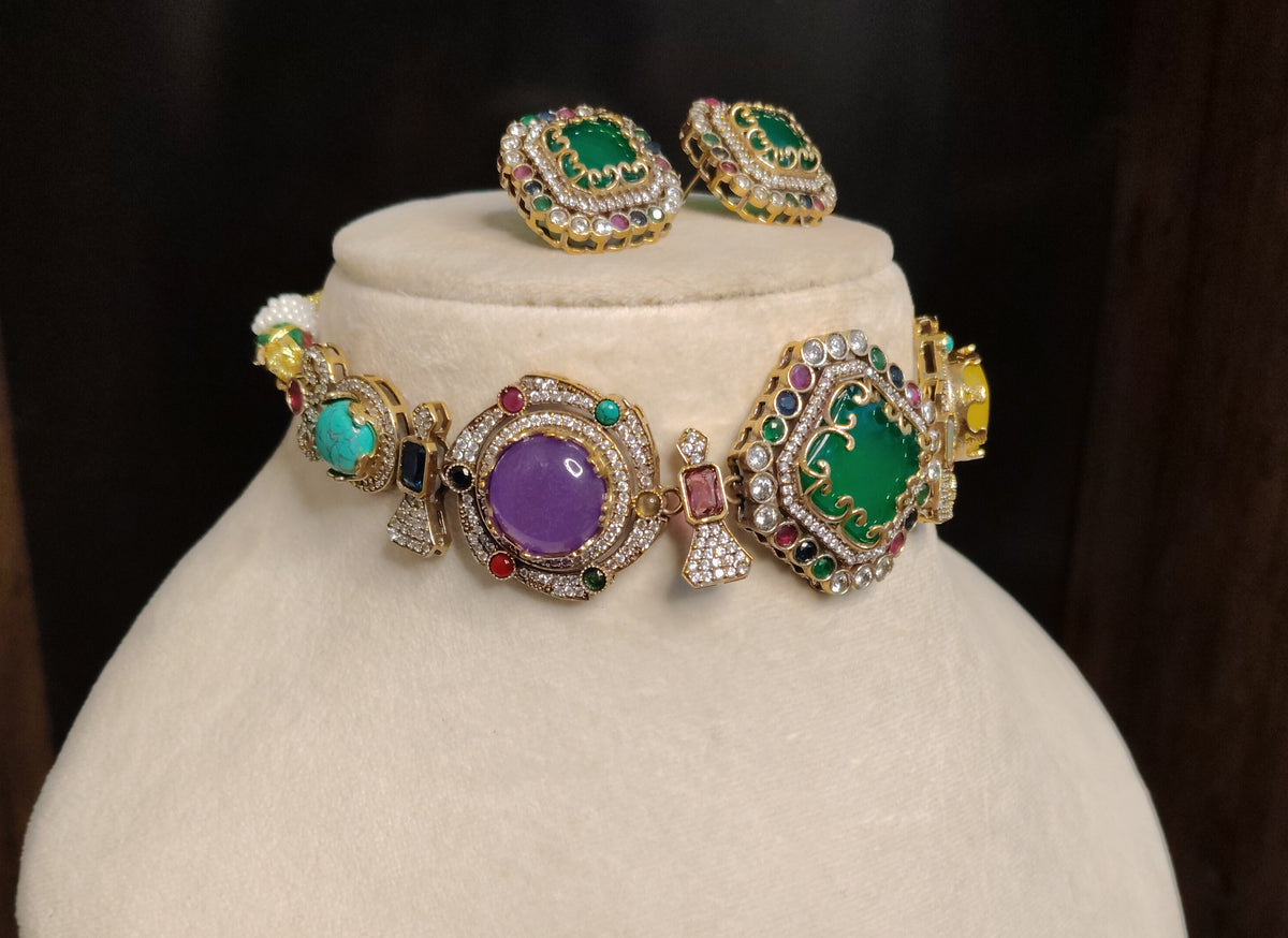 Emerald Moissanite Bridal Choker Necklace Set Indian Wedding Reception Jewellery Roz Jewellers