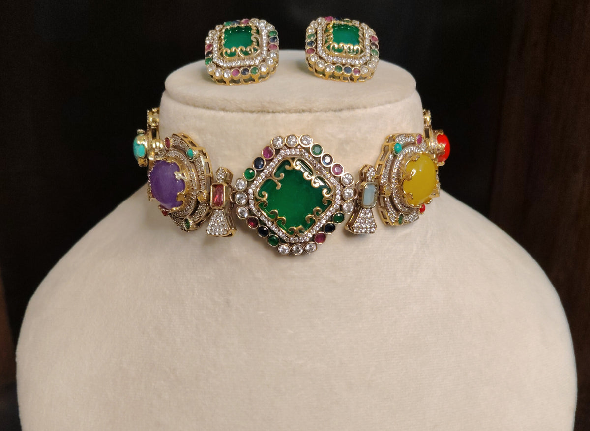 Emerald Moissanite Bridal Choker Necklace Set Indian Wedding Reception Jewellery Roz Jewellers