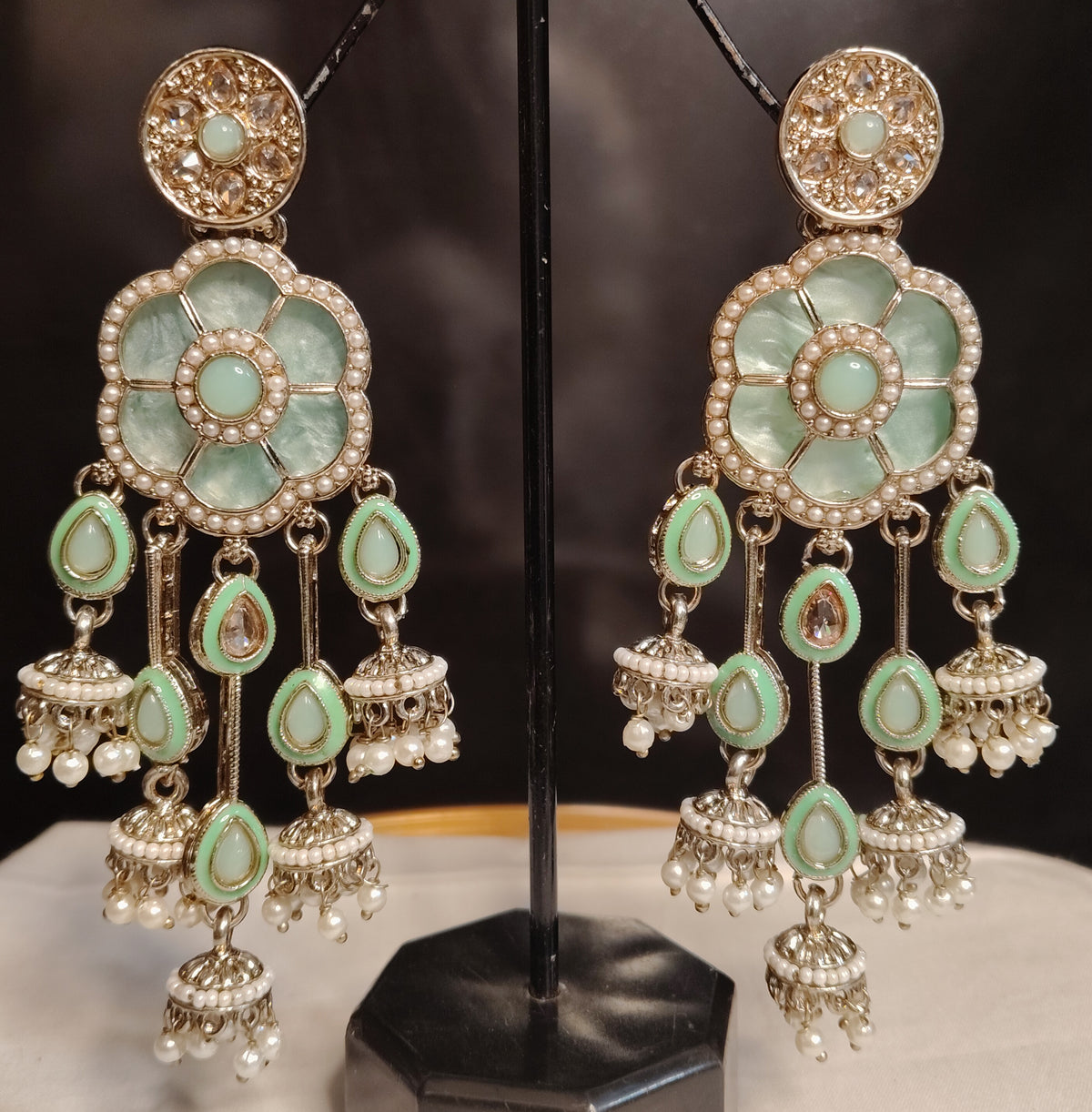 Mint Green Moissanite Chandelier Earrings for Women Floral Pearl Drop Jewelry Roz Jewellers