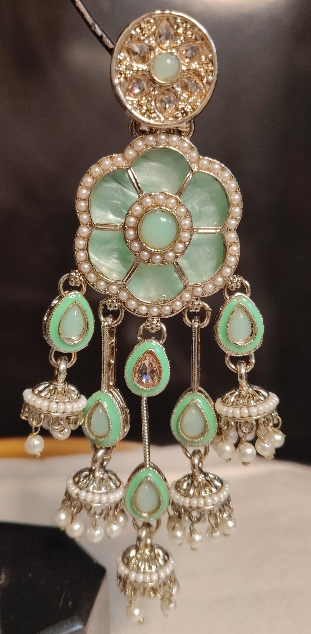 Mint Green Moissanite Chandelier Earrings for Women Floral Pearl Drop Jewelry Roz Jewellers
