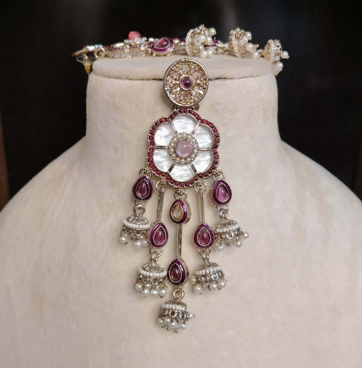 White Purple Moissanite Long Dangle Earrings Floral Stone Pearl Embellished Roz Jewellers