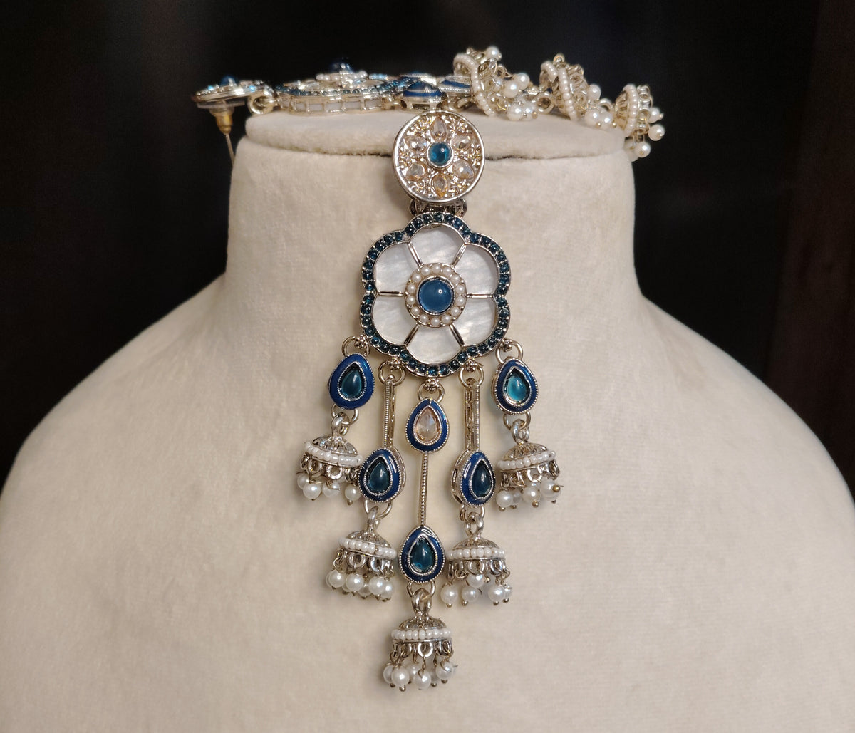 Navy Blue Moissanite Floral Earrings Indian Ethnic Chandelier Wedding For Women Roz Jewellers