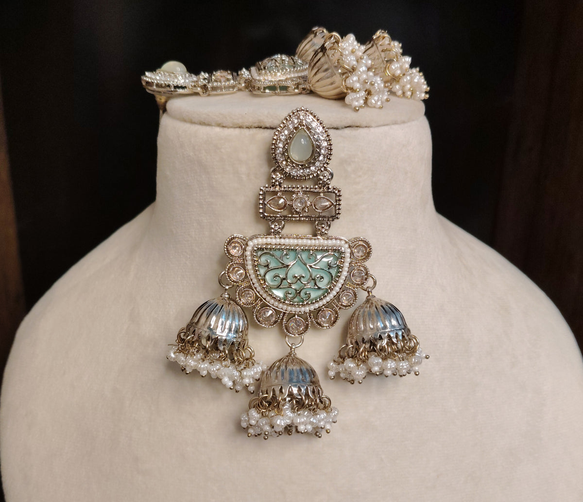 Mint Green Indian Moissanite Jhumka Earrings Traditional Bridal Statement Jewelry Roz Jewellers