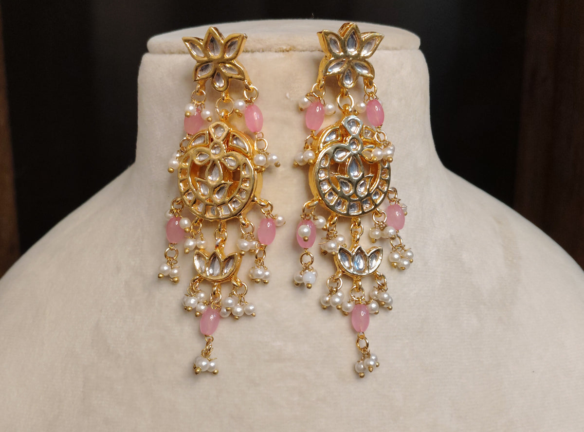 Blush Pink Floral Kundan Dangle Earrings for Women Wedding Festive Wear Roz Jewellers
