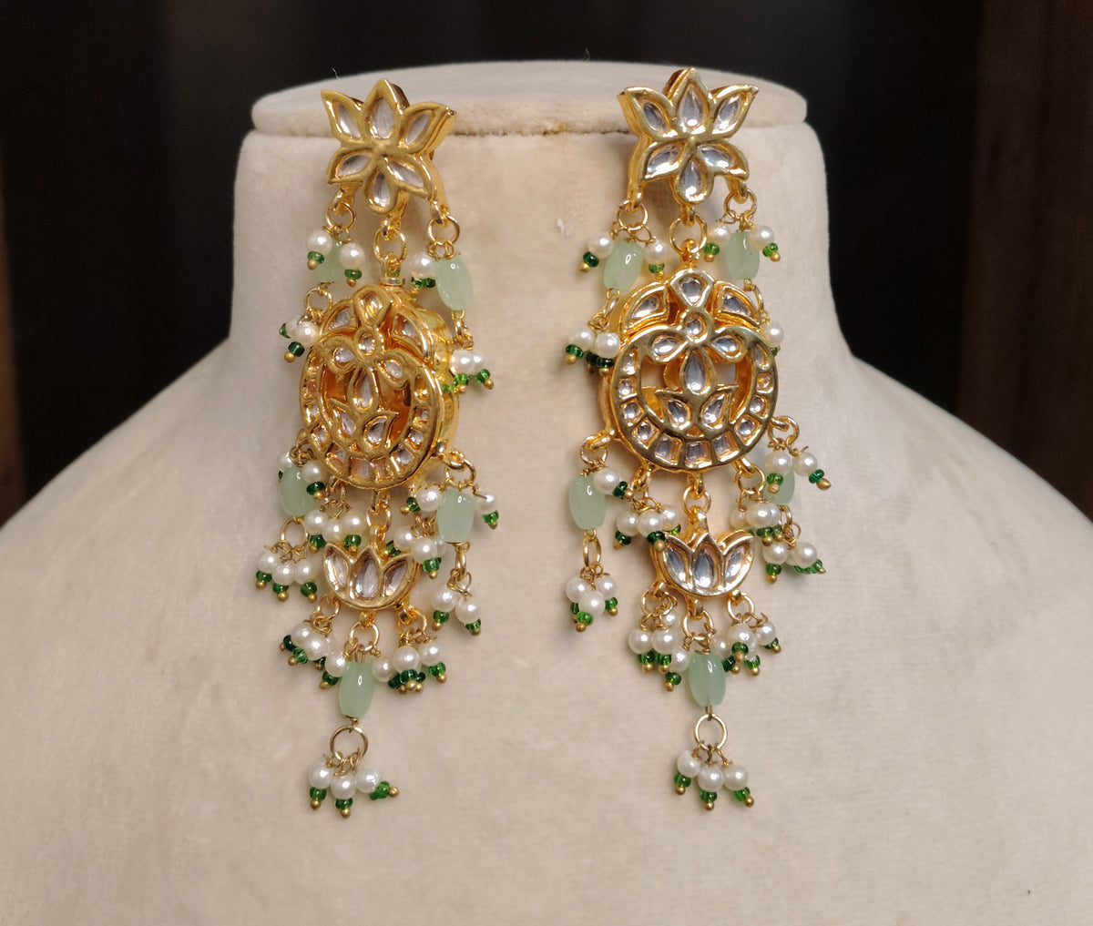 MInt Green Indian Bridal Kundan Earrings with Pearl Bead Tassels for Women Roz Jewellers