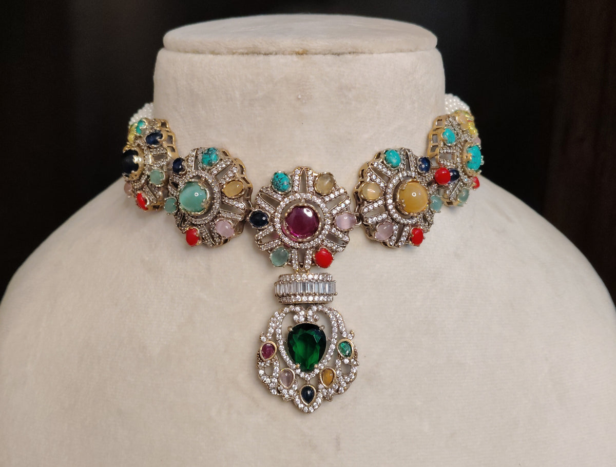 Emerald Traditional Indian Bridal Moissanite Choker Necklace Set Wedding Jewelery Roz Jewellers