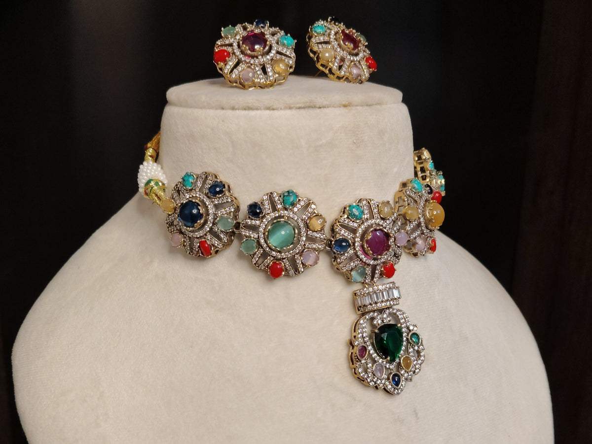 Emerald Traditional Indian Bridal Moissanite Choker Necklace Set Wedding Jewelery Roz Jewellers