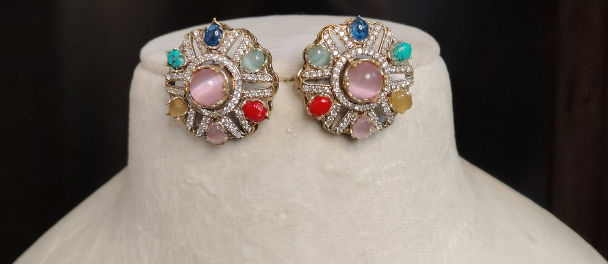 Multi Moissanite Choker Necklace Set with Matching Earrings Indian Bridal Jewelery Roz Jewellers