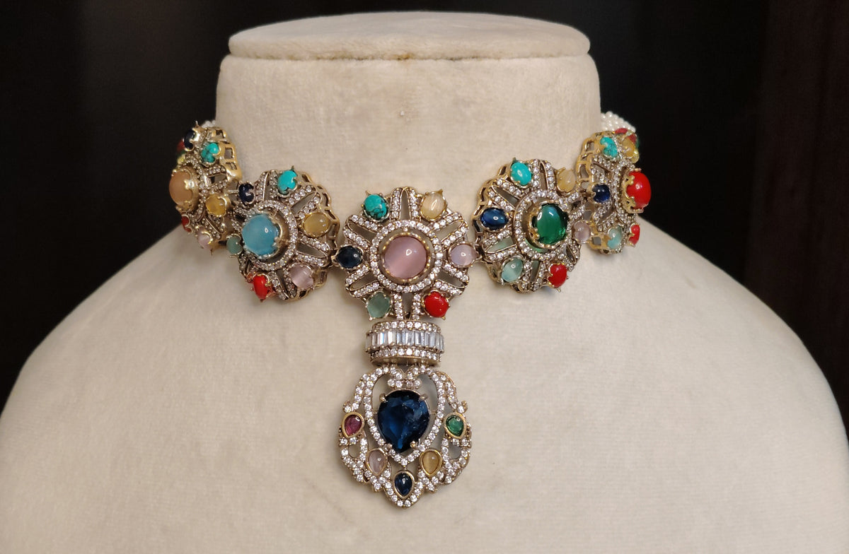Multi Moissanite Choker Necklace Set with Matching Earrings Indian Bridal Jewelery Roz Jewellers