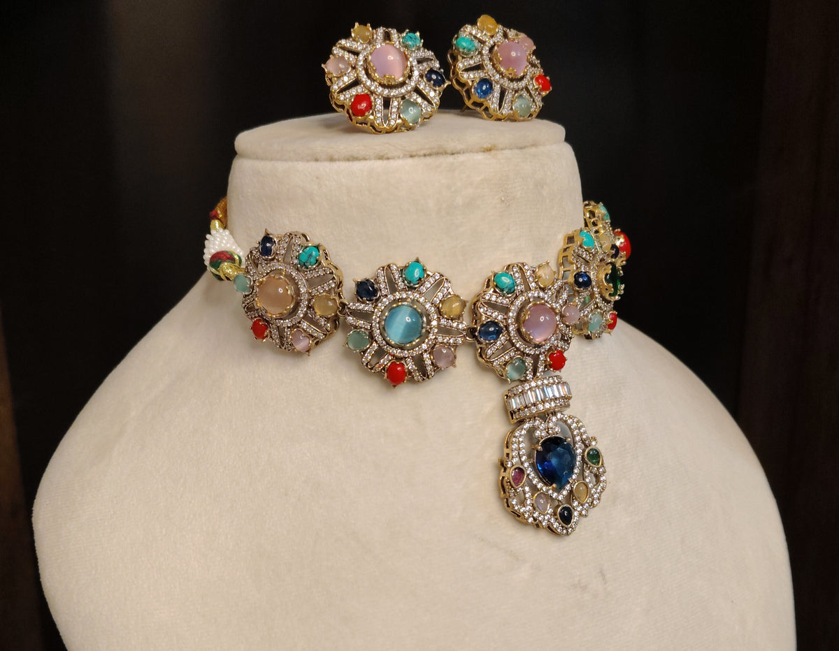 Multi Moissanite Choker Necklace Set with Matching Earrings Indian Bridal Jewelery Roz Jewellers