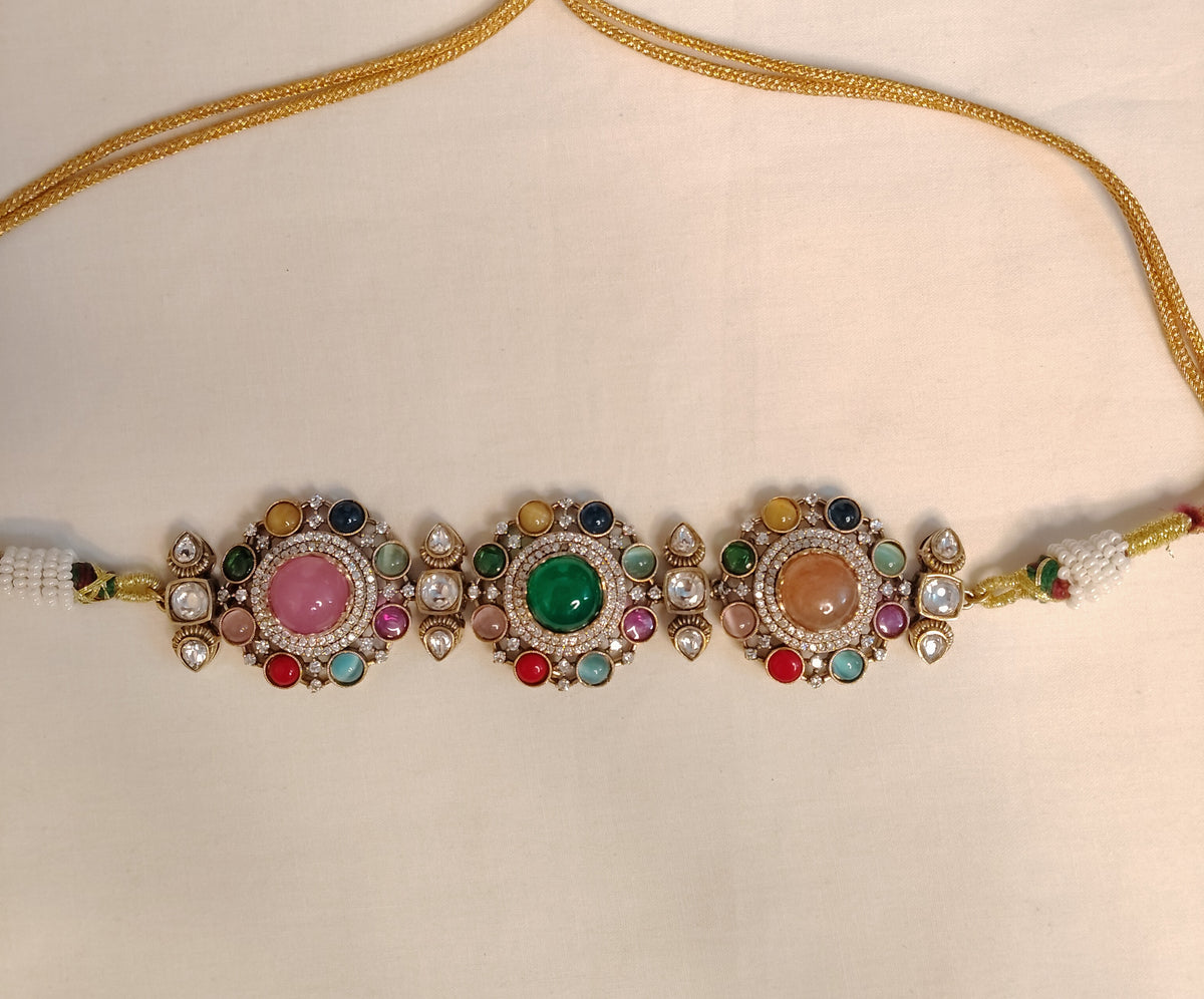 Emerald Multistone Moissanite Choker Set Indian Traditional Bridal Jewelry Roz Jewellers