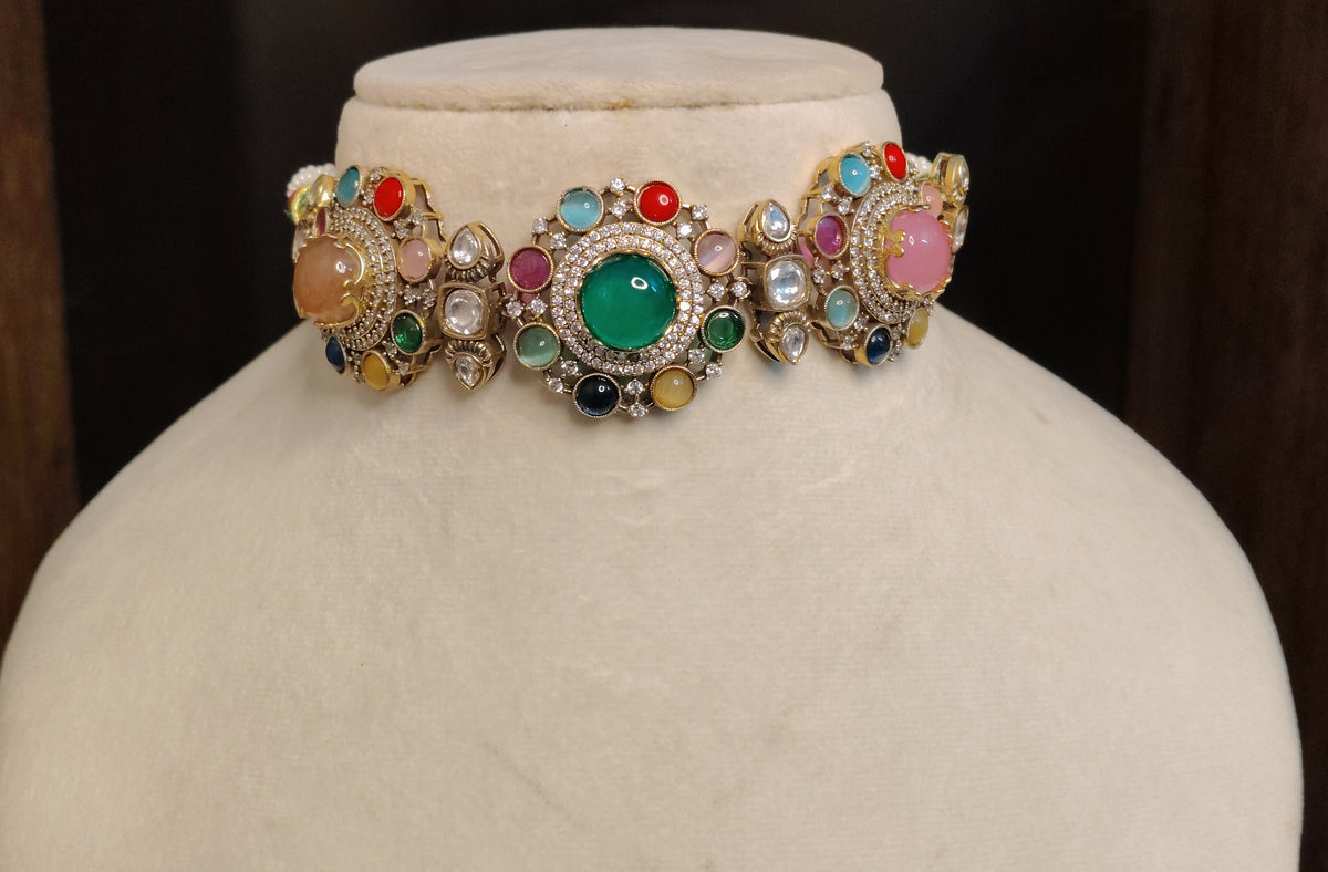 Emerald Multistone Moissanite Choker Set Indian Traditional Bridal Jewelry Roz Jewellers