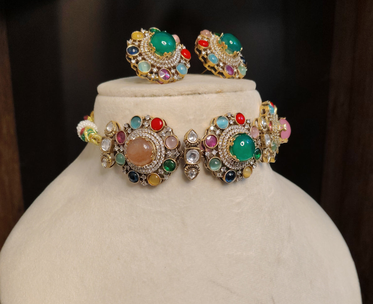 Emerald Multistone Moissanite Choker Set Indian Traditional Bridal Jewelry Roz Jewellers