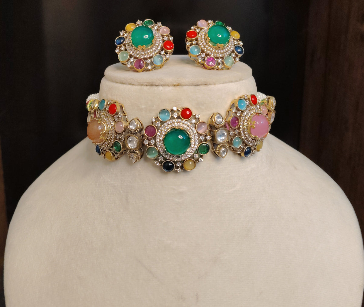Emerald Multistone Moissanite Choker Set Indian Traditional Bridal Jewelry Roz Jewellers