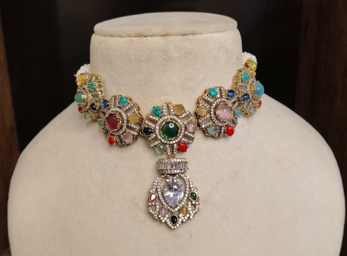 Luxury Emerald Moissanite Choker Earrings Set Indian Wedding Party Jewelry Roz Jewellers