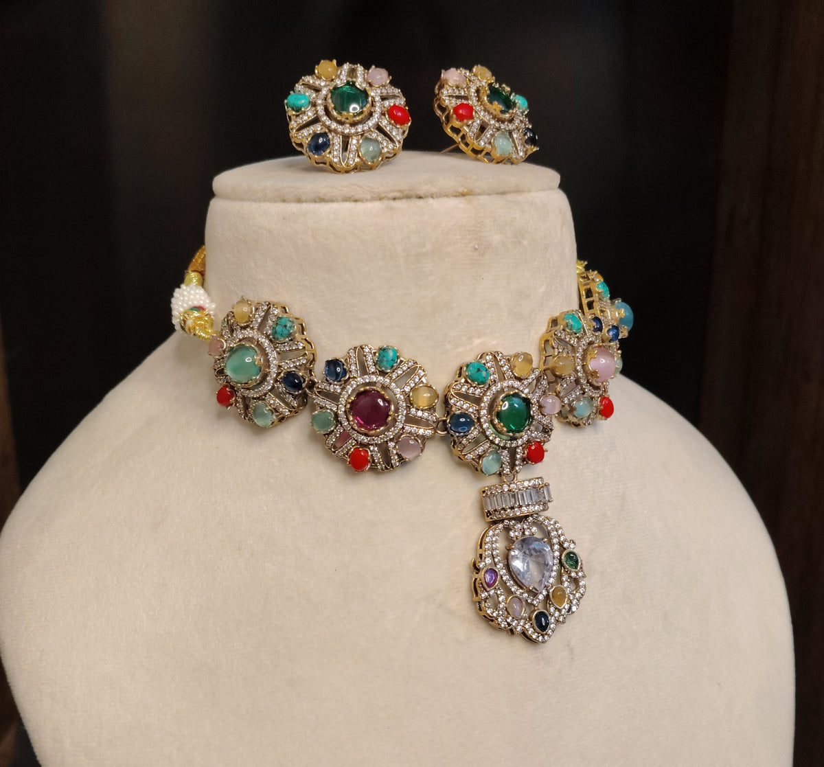 Luxury Emerald Moissanite Choker Earrings Set Indian Wedding Party Jewelry Roz Jewellers