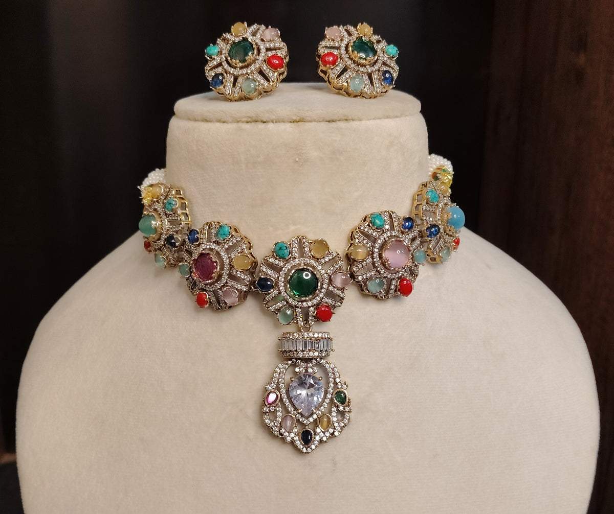 Luxury Emerald Moissanite Choker Earrings Set Indian Wedding Party Jewelry Roz Jewellers