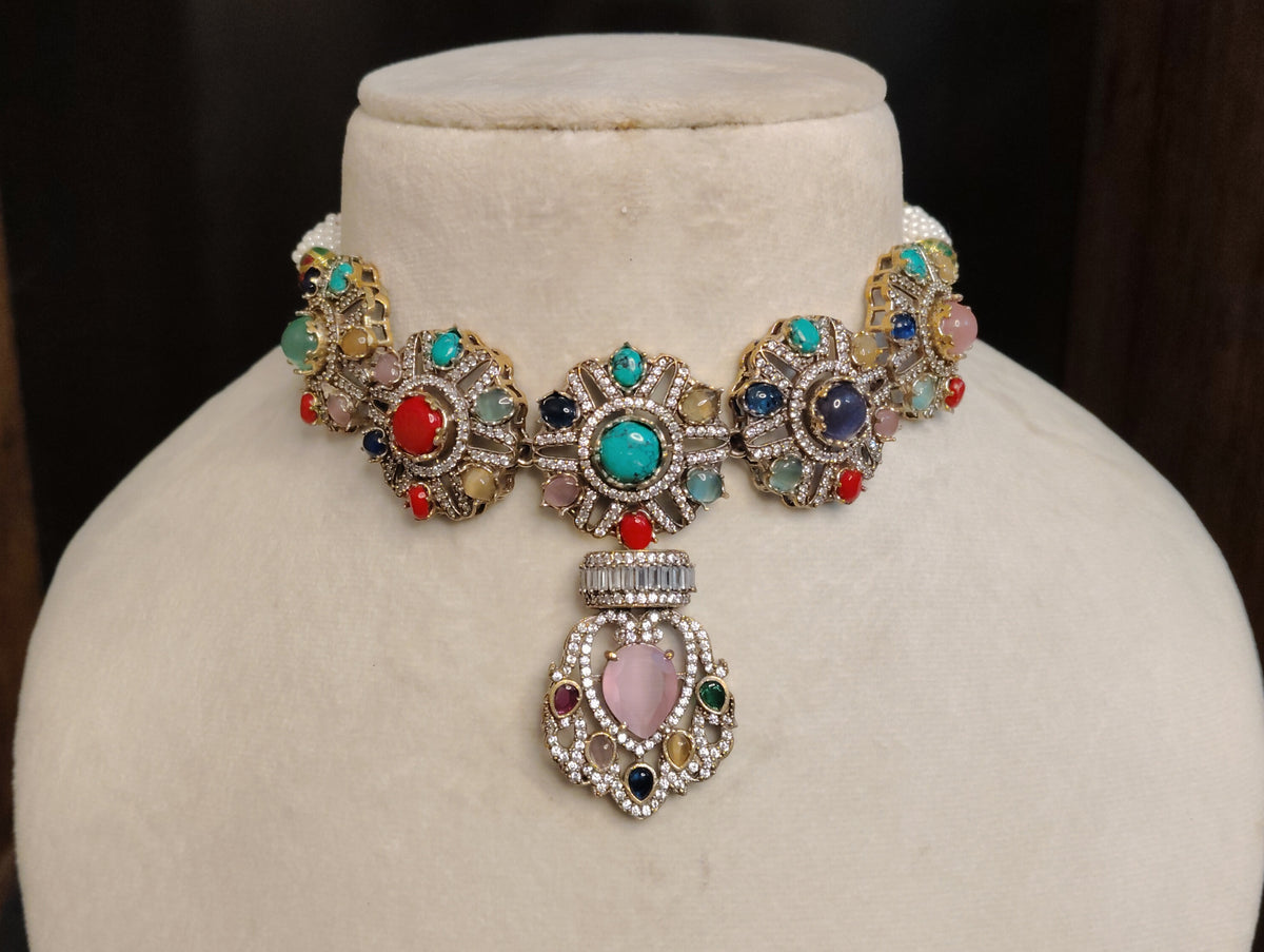 Blue Moissanite Choker Necklace Set with Matching Earrings Indian Bridal Jewelery Roz Jewellers