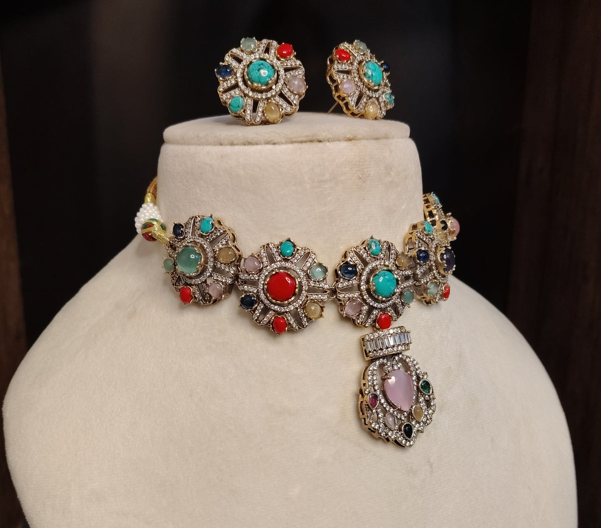 Blue Moissanite Choker Necklace Set with Matching Earrings Indian Bridal Jewelery Roz Jewellers