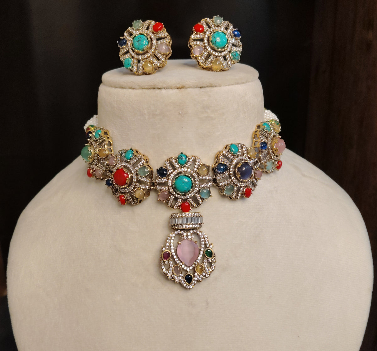 Blue Moissanite Choker Necklace Set with Matching Earrings Indian Bridal Jewelery Roz Jewellers