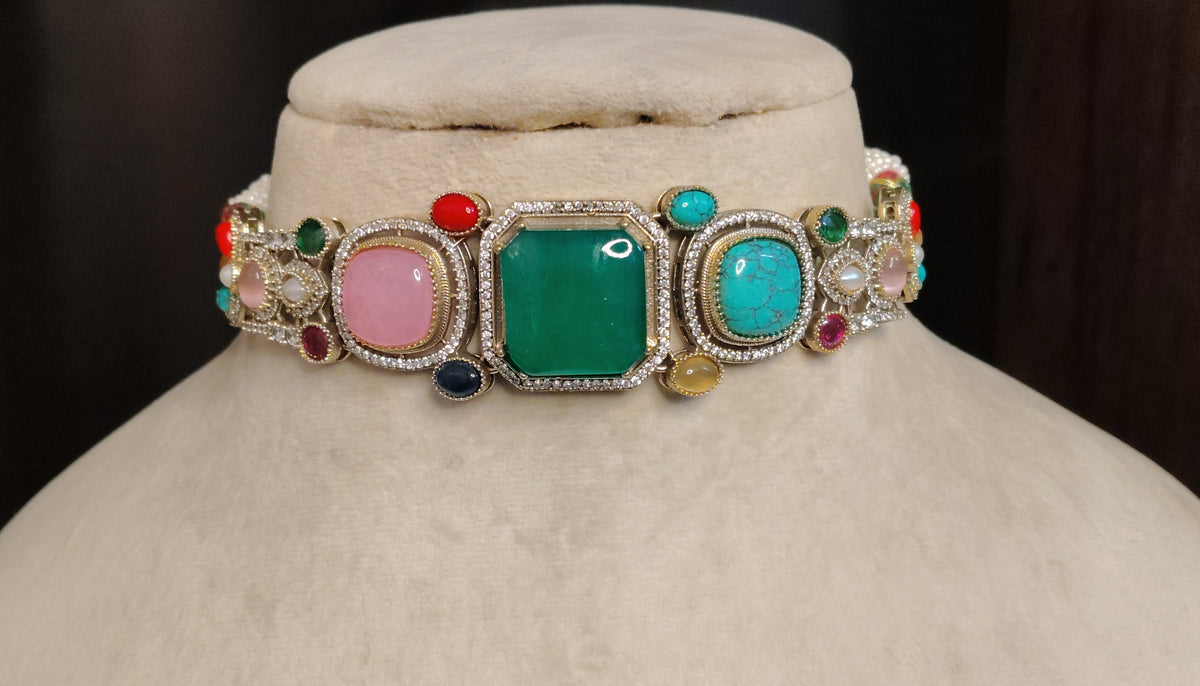 Elegant Emerald Moissanite Choker Necklace Multi Stone Design Festive Jewellery Roz Jewellers
