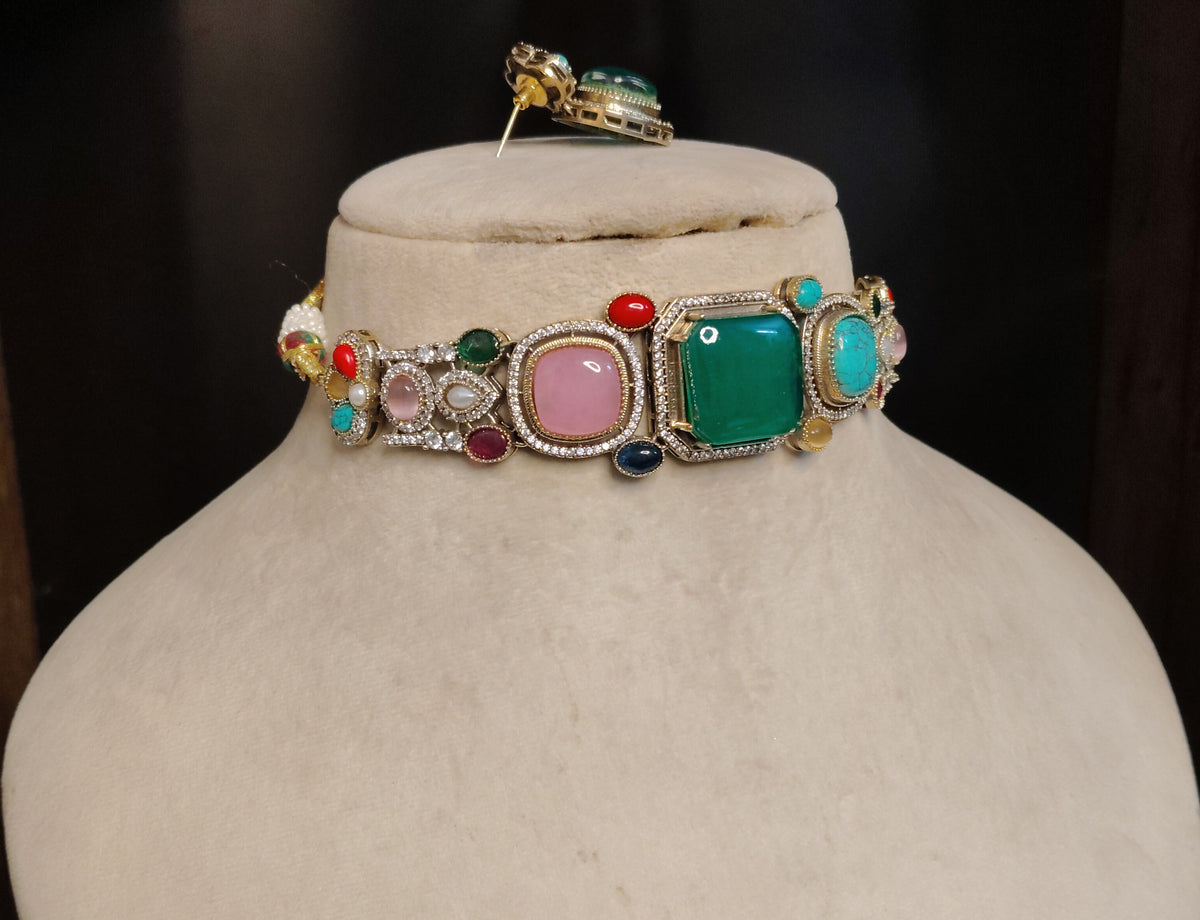 Elegant Emerald Moissanite Choker Necklace Multi Stone Design Festive Jewellery Roz Jewellers