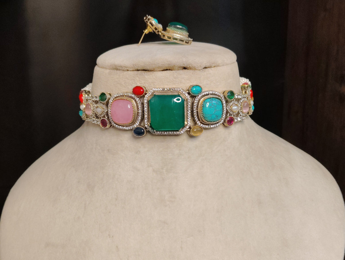 Elegant Emerald Moissanite Choker Necklace Multi Stone Design Festive Jewellery Roz Jewellers
