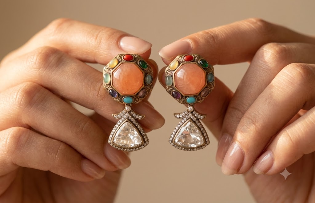 Luxury Coral Peach Multi Kundan Statement Earrings Gold Tone Roz Jewellers.