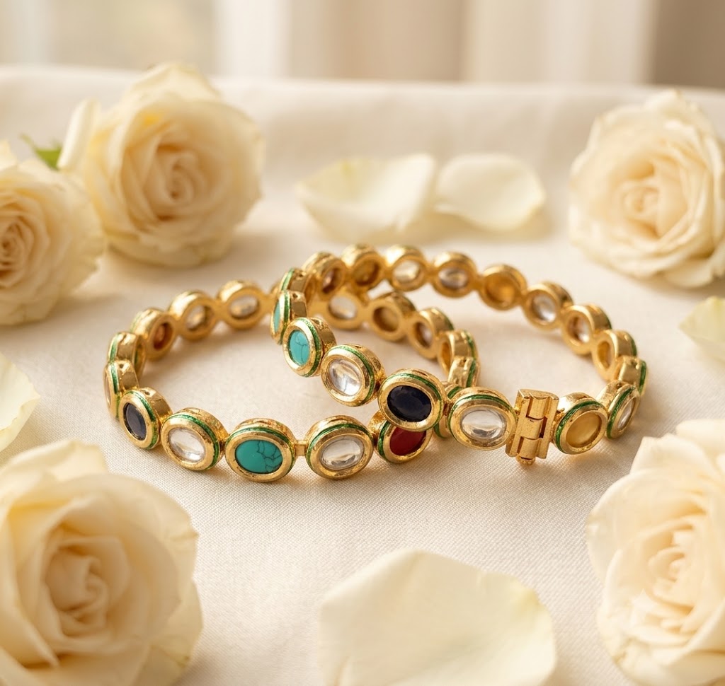 Traditional Kundan Navratna Gold Bangles Roz Jewellers.