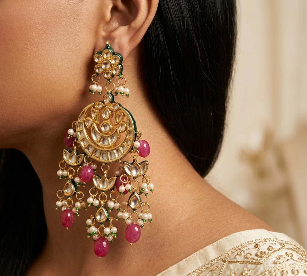 Exquisite Kundan and Pink Bead Crescent Earrings for Women Roz Jewellers