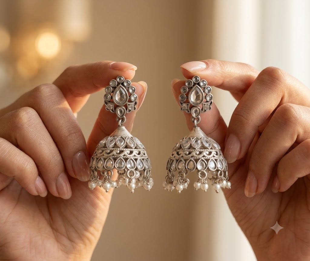 Elegant White Stone Oxidize Silver Jhumka Kundan Earrings with Pearl Drop Roz Jeweller.