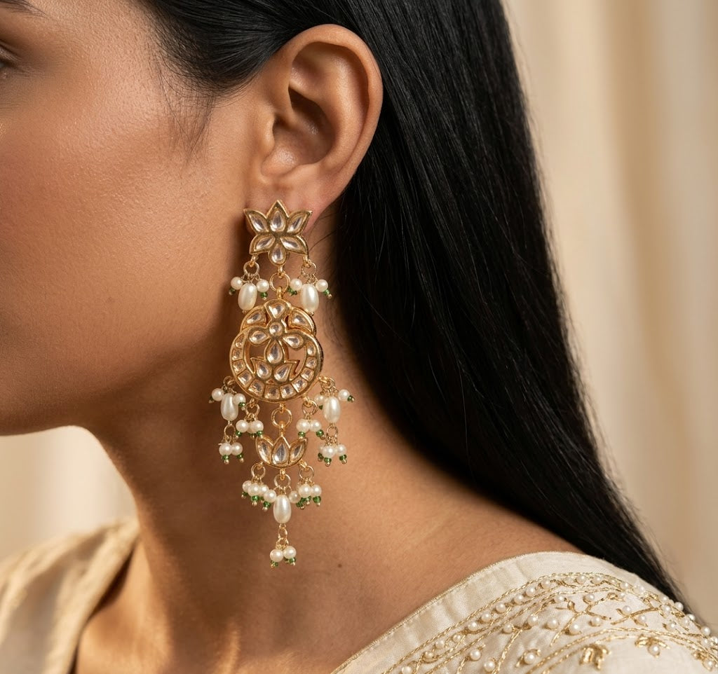 Gold Plated Lightweight Bridal Statement Kundan Earrings Indian Danglers Roz Jewellers