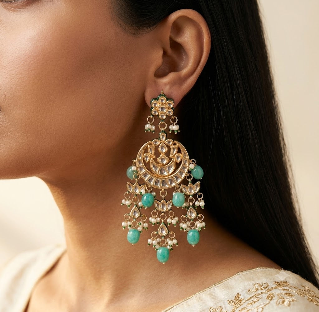 Green Kundan Chandbali Kundan Earrings for Women Indian Danglers Roz Jewellers