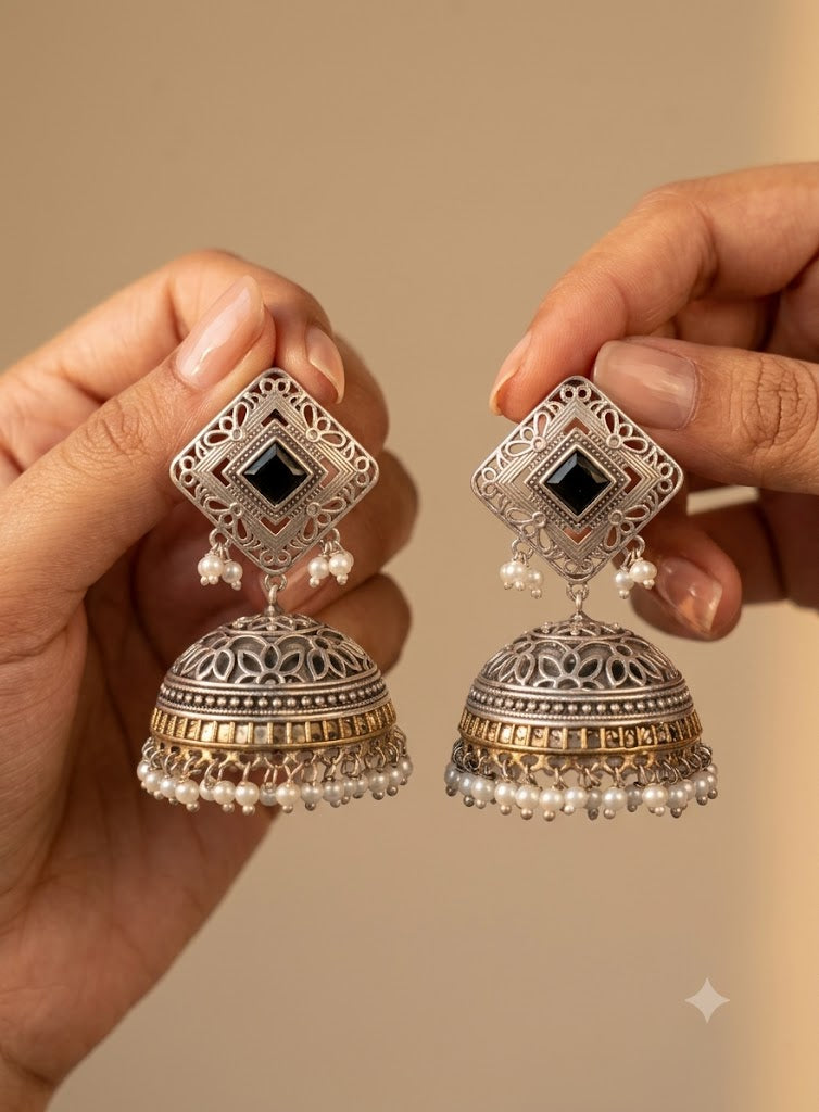 Zubi Handcrafted Silver Kundan Jhumka Earrings with Black Square Pearl Roz Jeweller.