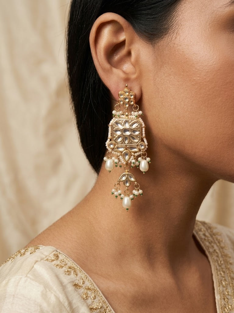 Indian Kundan Pearl Choker Necklace Set with pearl beads Roz Jewellers.