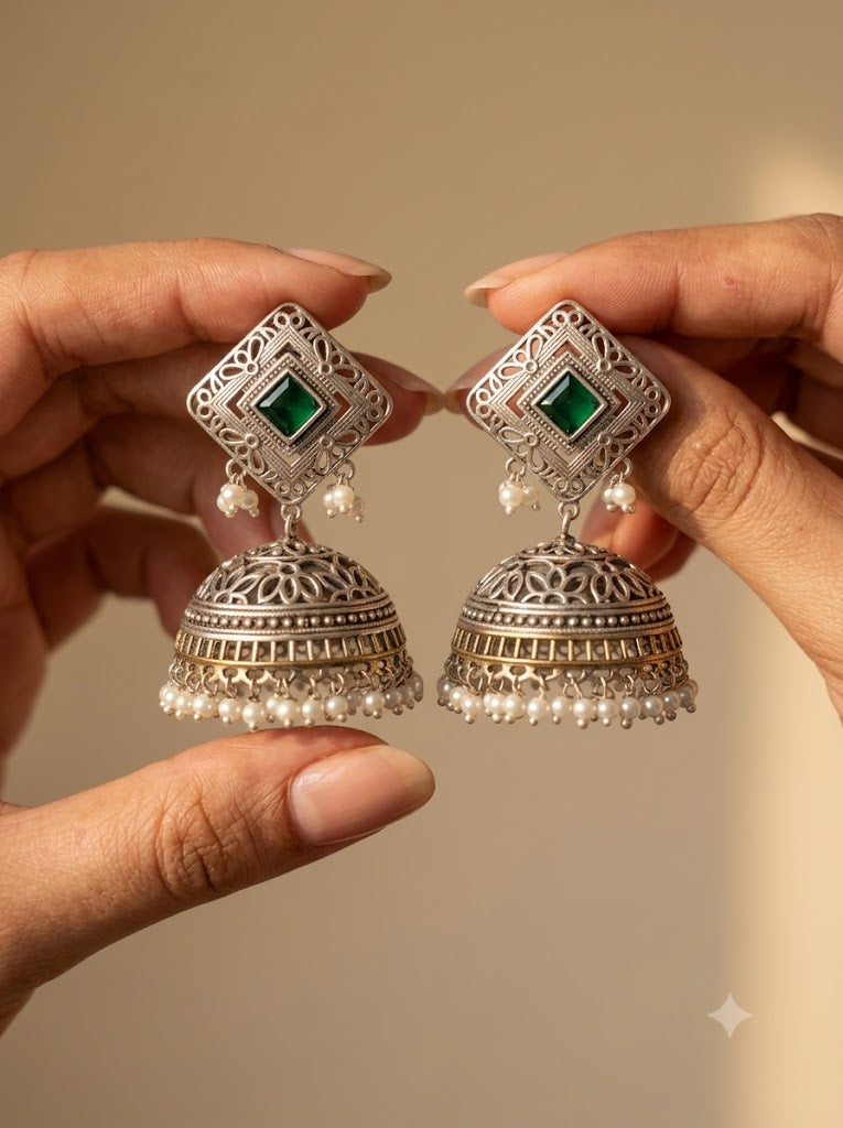 Zakiya Handcrafted Silver Kundan Jhumka Earrings with Green Square Stone Roz Jeweller.