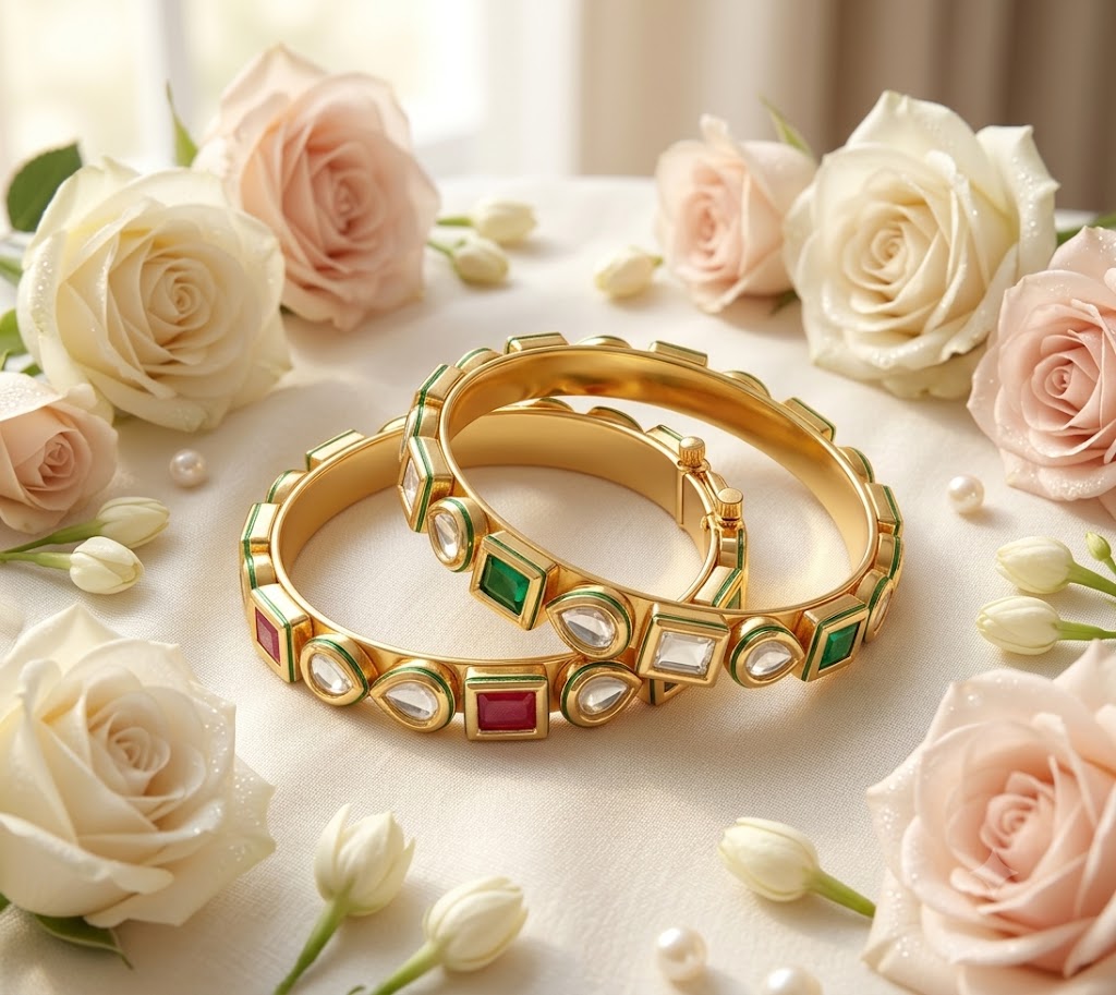 Royal Emerald and Ruby Kundan Bangles in Gold Finish Roz Jewellers.