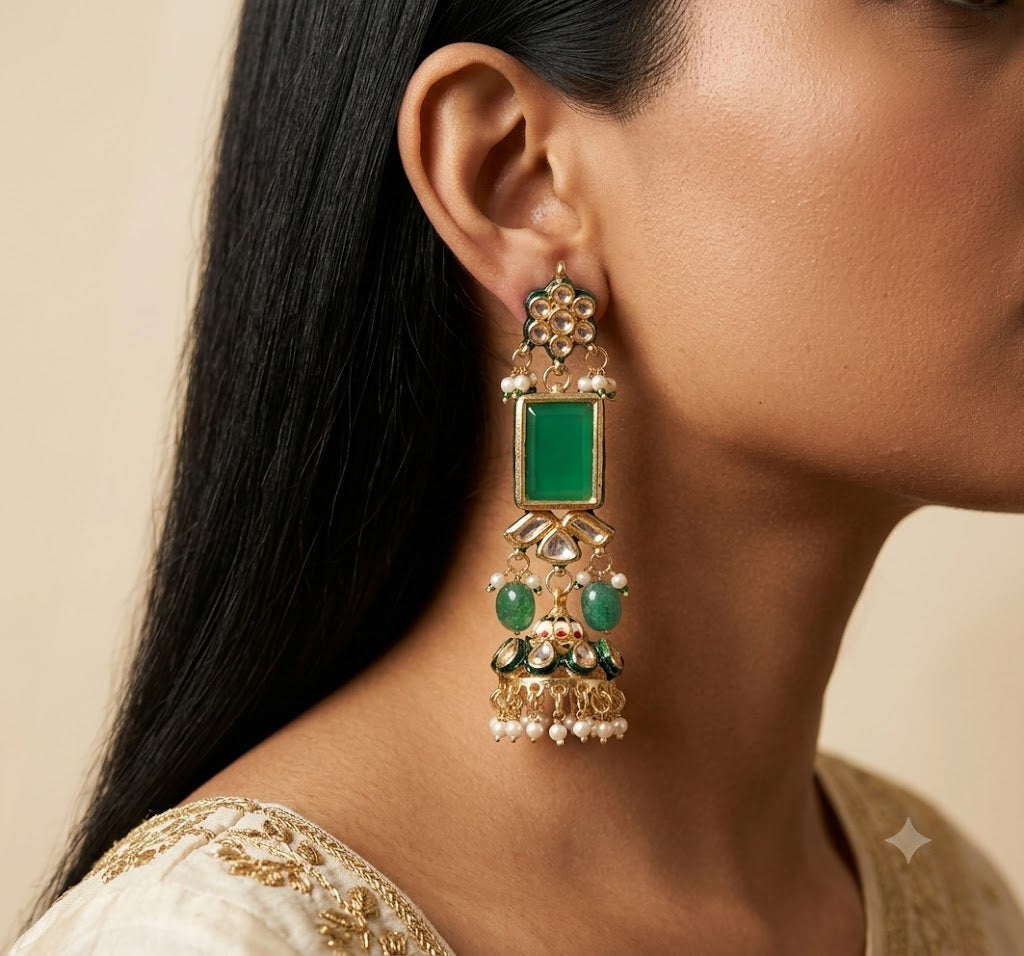 Pakistani Luxury Style Emerald Kundan Danglers Roz Jewellers