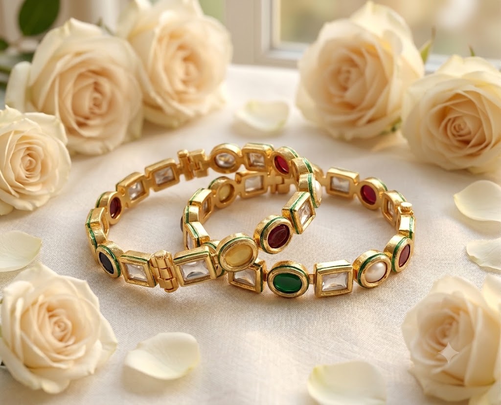 Traditional Multi stone Kundan Bangles Gold Finish Roz Jewellers.