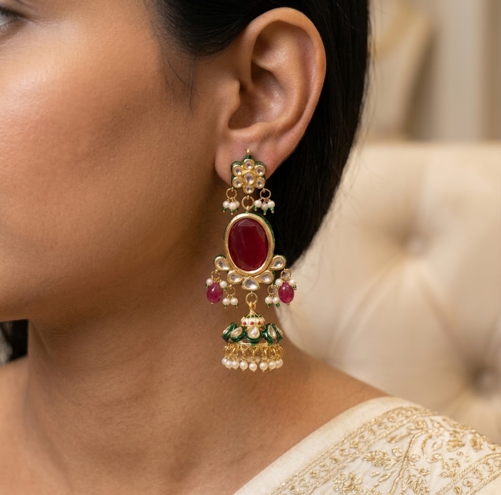 Royal Oval Red Stone and Kundan Jhumka Earrings for Women Roz Jewellers