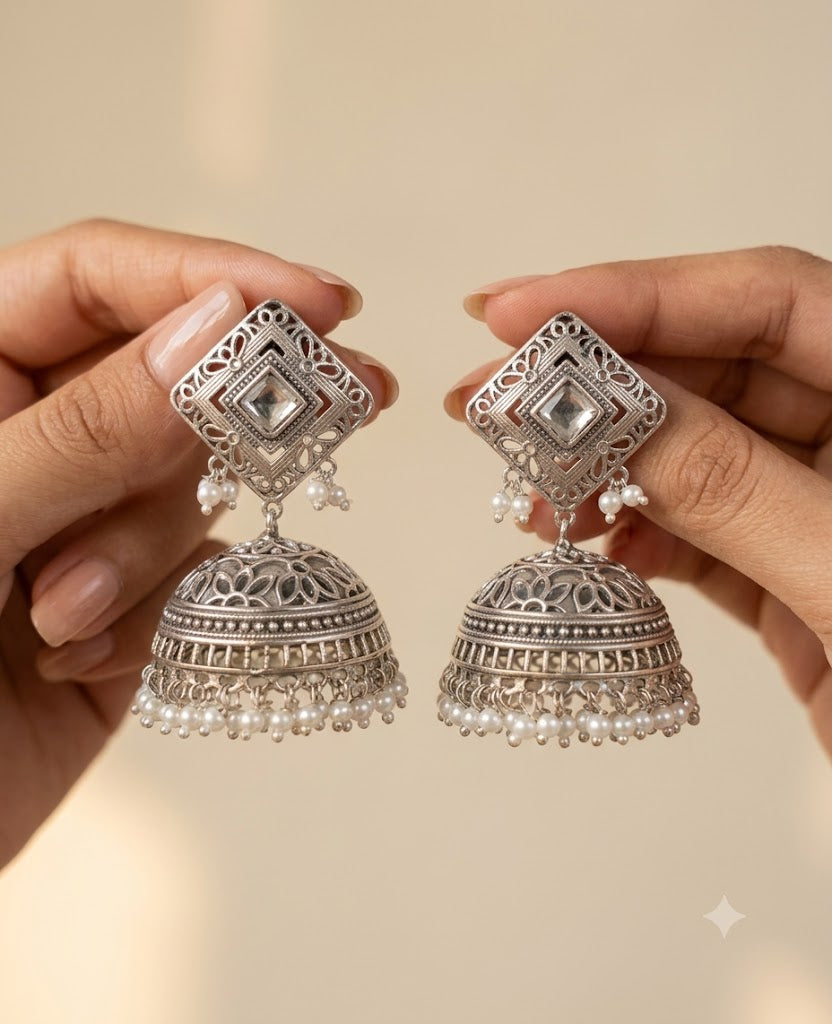 White Stone Square Oxidized Silver Kundan Jhumka Earrings with Pearl Roz Jeweller.